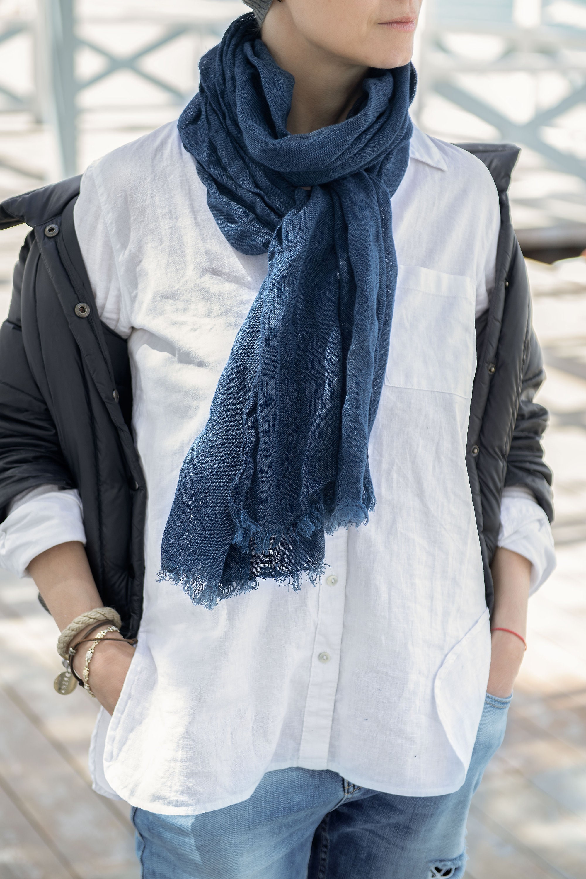 Ethereal, Delicate Shawl With Sheer Linen in Denim, Navy