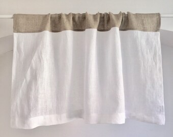May include: A white linen valance with a brown linen trim. The valance is hung on a white rod.
