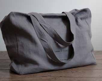 Zipper Canvas Tote Bag in Dark Gray, Large Shoulder Linen Tote Bag, Big Summer Woman Bag