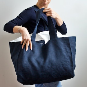 Marine Leinen Tragetasche, Große Leinen Schultertasche, Tyvek Tote Leinen in Marine Farbe, Große lLeinen Canvas Taschen, Sackleinen Einkaufstasche, Leinen Strandtasche