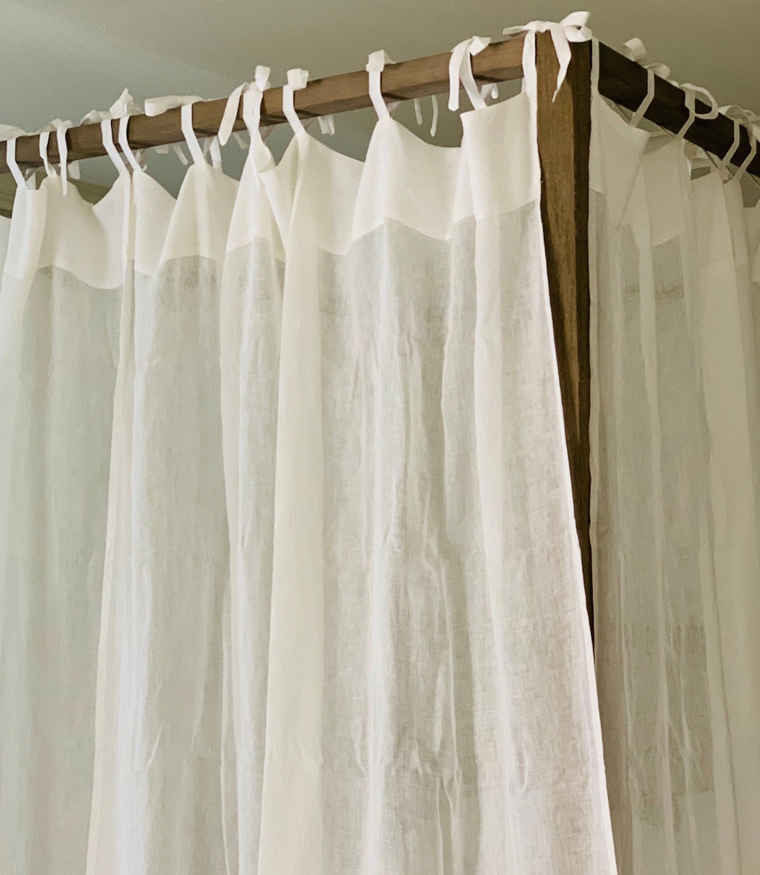 Ivory Linen Canopy Bed, Tie Top Linen Curtain Canopy Bed, Custom Linen Bed Canopy Panels