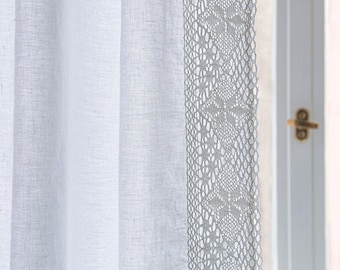 White Linen Curtain Panel with Cotton Lace, Rustic Window Drape