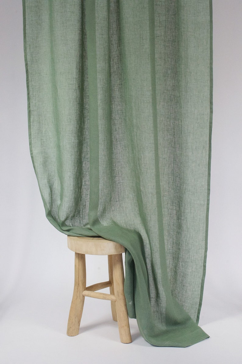 Green Linen Curtain in simple Style, Sheer Linen Curtain in Green Color, Linen Curtain Panel, Rod Pocket Linen Panel, Clips Linen Drapes image 2