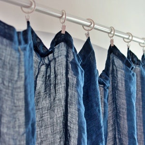 Linen Curtain Panel, Transparent Linen Curtain, Canopy Sheer Bed Curtain, Navy Blue Muslin Window Curtain Panel, Clips Linen Long Curtain