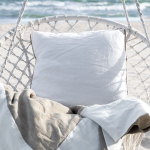 Fronha decorativa de linho branco em estilo simples, almofada decorativa de jardim, almofada de casa à beira-mar, capa de almofada de linho lavado com barbante