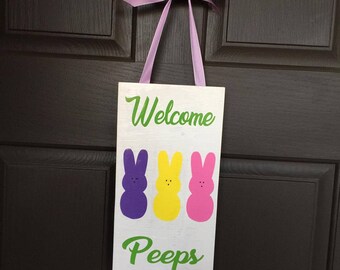 Easter Welcome Peeps wood sign