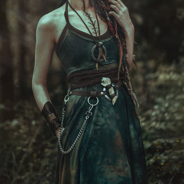 Druid Leather Belt - Adjustable Elk Jaw O Ring and Chain Belt - Crossbody, Waist and Hip Belt