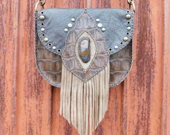Chocolate Brown Leather Fringe Bag - Natural Crystal Boho Fringe Purse - Tribal Leather Hippie Purse - Gypsy Saddlebag - Cross Body Bag