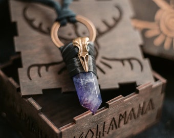 Raven Kundalini Amulet - Amethyst Crystal Necklace - Raven Skull Pendant -  Crystal Necklace