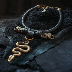 May include: A black leather choker necklace with two gold snake head accents. A gold snake pendant hangs from the choker.