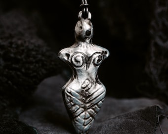 Cucuteni-Trypillian Silver Figurine - Sacred Feminine Amulet - Fertility Goddess Pendant - Nickel Patina Goddess Necklace