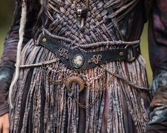 Leather Womb Belt: Snake, Crescent Moon, Labradorite Cabochon