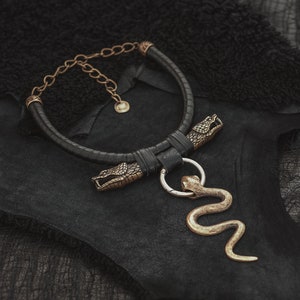 The Vision Serpent Necklace with Cosmic Serpent Pendant - Brass Coiled Serpent Choker - Snake Pendant -  Statement Leather Tribal Necklace