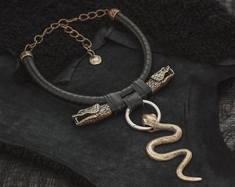 Brass Serpent Pendant Necklace: Leather Tribal Choker