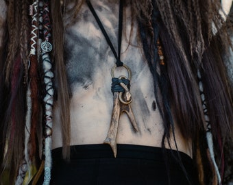 Shamanic Real Antler Necklace with Brass Serpent - Unisex Deer Horn Pagan Pendant - Bone Jewelry