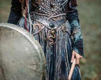 Leather Womb Belt: Snake, Crescent Moon, Obsidian Cabochon