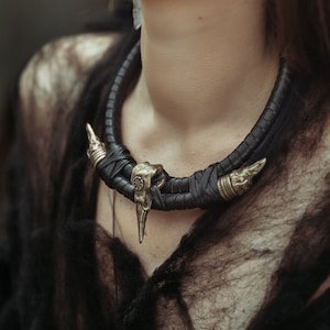 Solar Shadow Choker - Tribal Necklace - Raven Necklace - Slavic Amulet - Leather Choker - Brass Raven Necklace - Pagan Jewelry