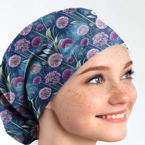 Allium scrub caps scrub hats for women Nurse scrub cap, floral summer blue euro surgical cap _ allium 01