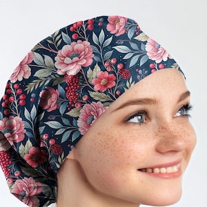 floral scrub caps scrub hats for women Nurse scrub cap blue euro surgical cap _ flower 04
