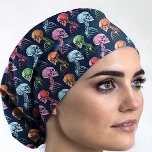 Skeleton scrub hat, anatomy scrub cap ponytail, surgical scrub hat, colorful skeleton nurse cap _ bones 07