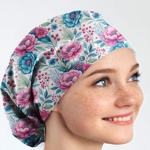 floral scrub caps scrub hats for women Nurse scrub cap blue euro surgical cap _ flower 02