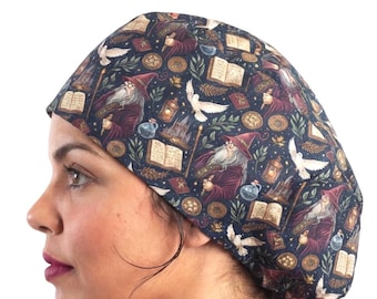 dark wizard scrub cap women, fantasy nurse ponytail hat with buttons