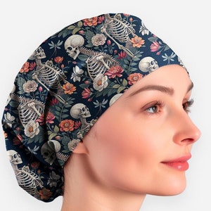 Skeleton scrub hat, anatomy scrub cap ponytail, floral surgical scrub hat, nurse cap _ skeleton 25