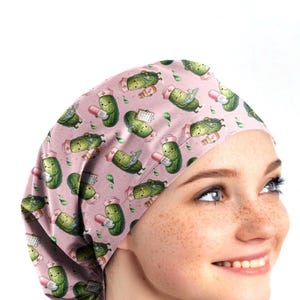 Pickle Print Toggle Scrub Cap with Buttons, Fun euro cap ponytail