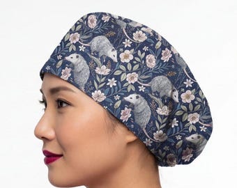 Opossum scrub cap, floral botanical surgical hat
