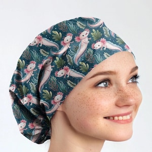 Axolotl scrub caps for women, surgical cap with buttons for nurse