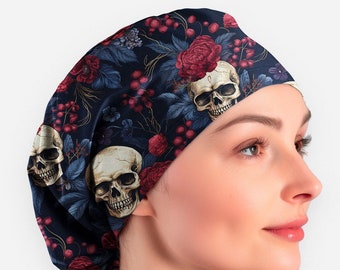 Floral skull toggle Scrub Cap, Ghotic RN ponytail