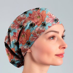 bee scrub cap women, floral euro surgical cap with buttons for nurse image 1