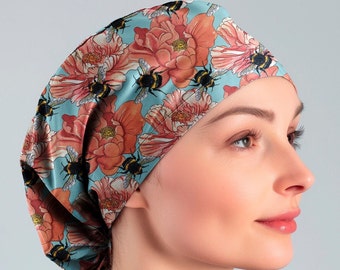 bee scrub cap women, floral euro surgical cap with buttons for nurse