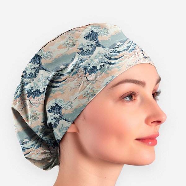 Great Wave scrub caps for women, japanese wave scrub cap surgical cap with buttons