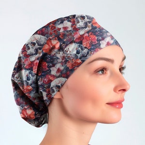 skull and orchid flowers surgical cap, toggle scrub caps for women scrub hat