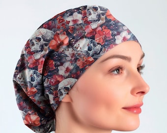 skull and orchid flowers surgical cap, toggle scrub caps for women scrub hat