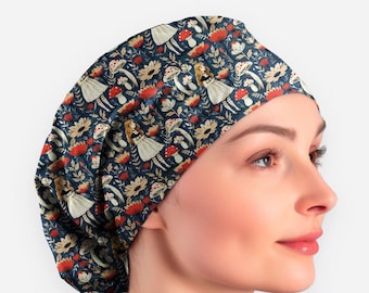 May include: A dark blue surgical scrub cap with a whimsical pattern featuring illustrations of a girl in a white dress, mushrooms, and flowers in shades of red, tan, and yellow. The cap is designed to cover the head and hair.