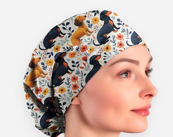 Dachshund Floral Scrub Cap with Buttons, Nurse Surgical Hat