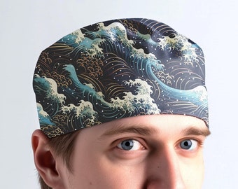 Unisex scrub cap, great wave man scrub hat, unisex surgical cap - Wave 22