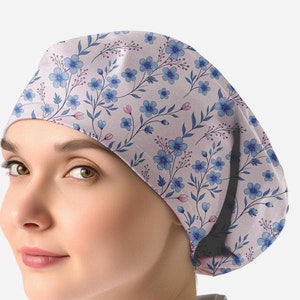 floral scrub caps scrub hats for women Nurse scrub cap blue euro surgical cap _ blossom 02