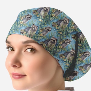 raccoon scrub caps for women, surgical cap with buttons for nurse, raccoon and flowers surgical hat _ raccoon 40