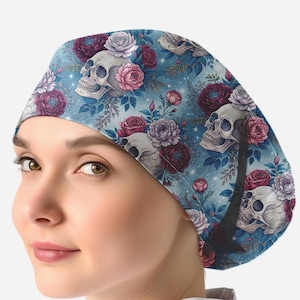 scrub caps women, floral skull surgical cap, ponytail scrub caps for women scrub hat _ roseskull 75