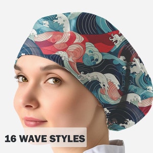 Great Wave scrub caps for women, japanese wave scrub cap, surgical cap with buttons