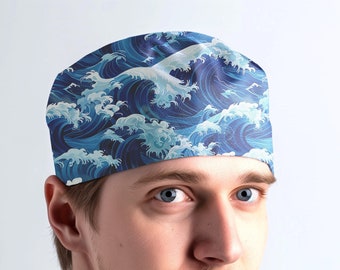 Unisex scrub cap, great wave man scrub hat, unisex surgical cap - Wave 22