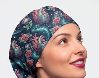 Anatomical heart dark scrub cap, floral cardiac nurse ponytail