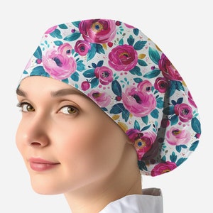 floral scrub caps, scrub hats for women, Nurse scrub cap, peony euro surgical cap