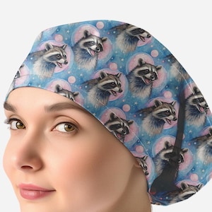 raccoon scrub caps for women, surgical cap with buttons for nurse, raccoon and flowers surgical hat _ raccoon 575