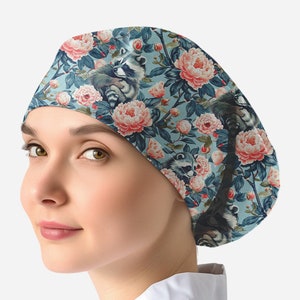 raccoon scrub caps for women, surgical cap with buttons for nurse, raccoon and flowers surgical hat