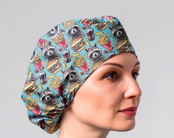 raccoon scrub caps for women, surgical cap with buttons for nurse, raccoon and fries surgical hat