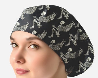 Skeleton angel scrub hat, anatomy scrub cap ponytail, surgical scrub hat, nurse cap